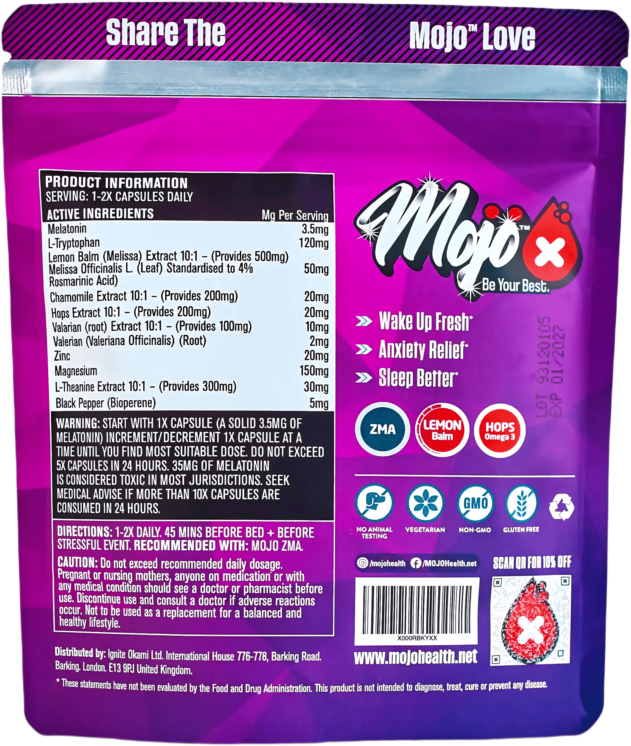 Mojo Recharge Sleep Melatonin L Tryptophan Gummies